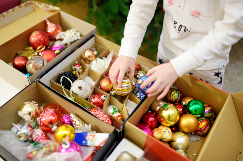 christmas decorations in boxes