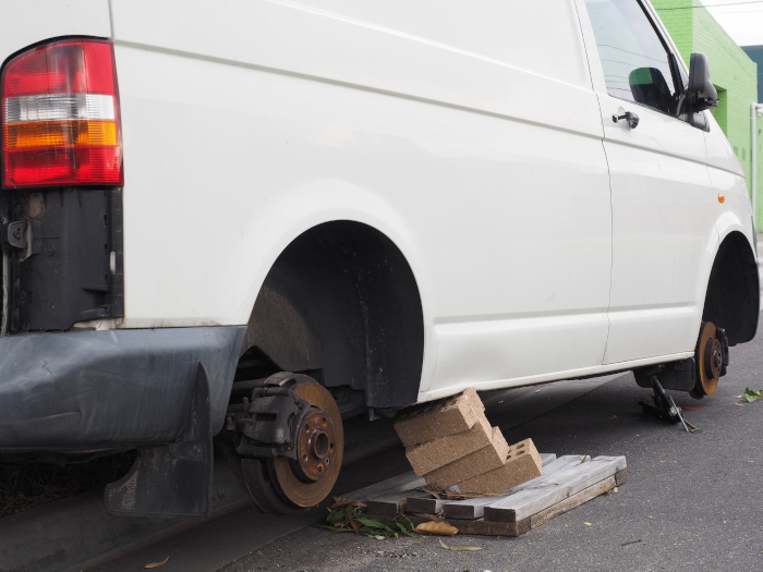Conttractor van on blocks after being stoler- tradies missing their van - advantages of storage in Ellerslie